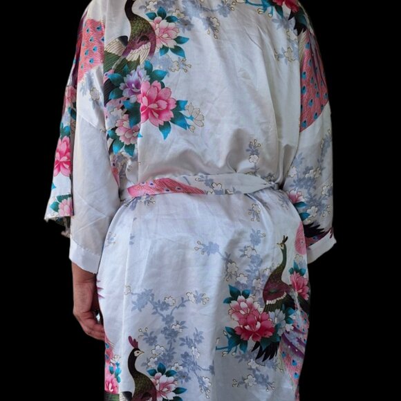 Oriental Village Silk Collection Belted Peacock & Floral Teal Pink Kimono - Picture 3 of 7